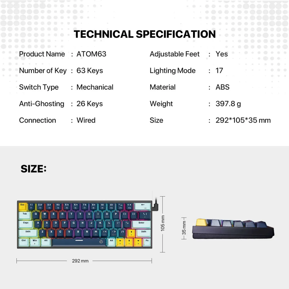 Tastatura Mehanicka Gaming Fantech MK874V2 RGB Atom 63 Mizu Navy (rosie switch)