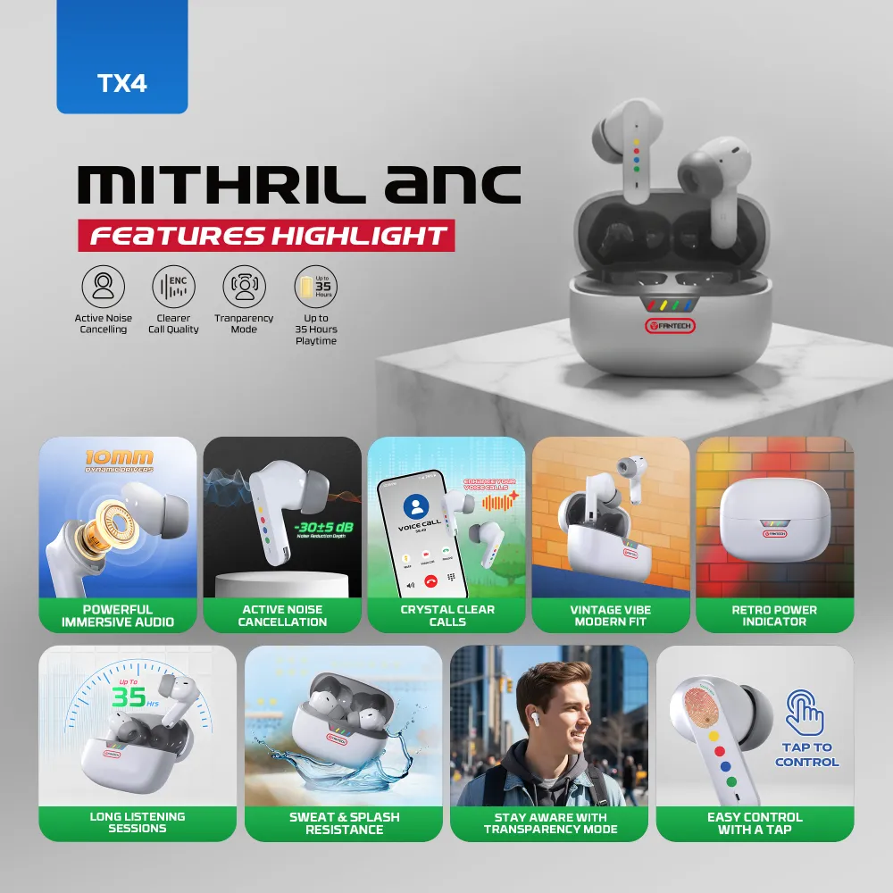 Bluetooth slusalice Fantech TX4 Mithril ANC Super Maxfit sive