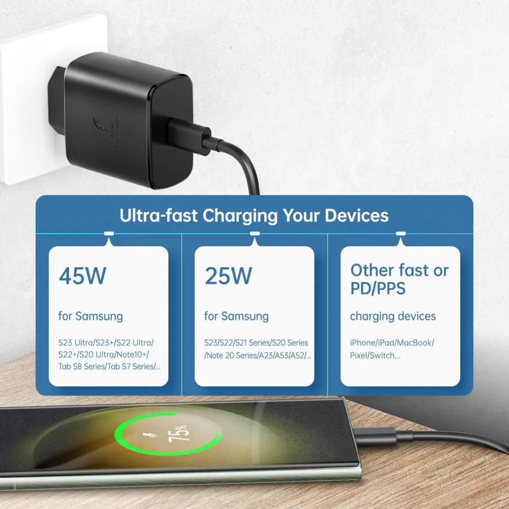 Kucni punjac PD Fast charger 45W redizajn za Samsung sa PD Type C kablom CE crni