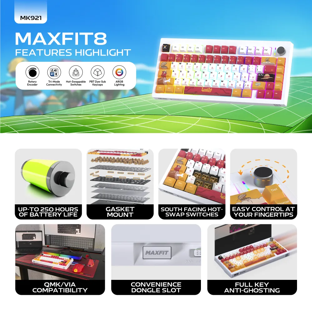Tastatura Mehanicka Gaming Fantech MK921 Maxfit 8 Wireless ONE PIECE - LUFFY (brown switch)