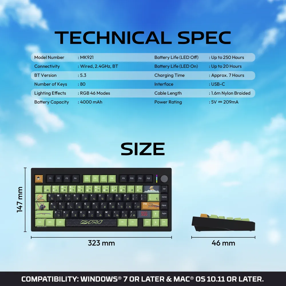 Tastatura Mehanicka Gaming Fantech MK921 Maxfit 8 Wireless ONE PIECE - ZORO (brown switch)