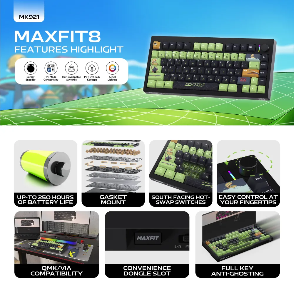 Tastatura Mehanicka Gaming Fantech MK921 Maxfit 8 Wireless ONE PIECE - ZORO (white switch)