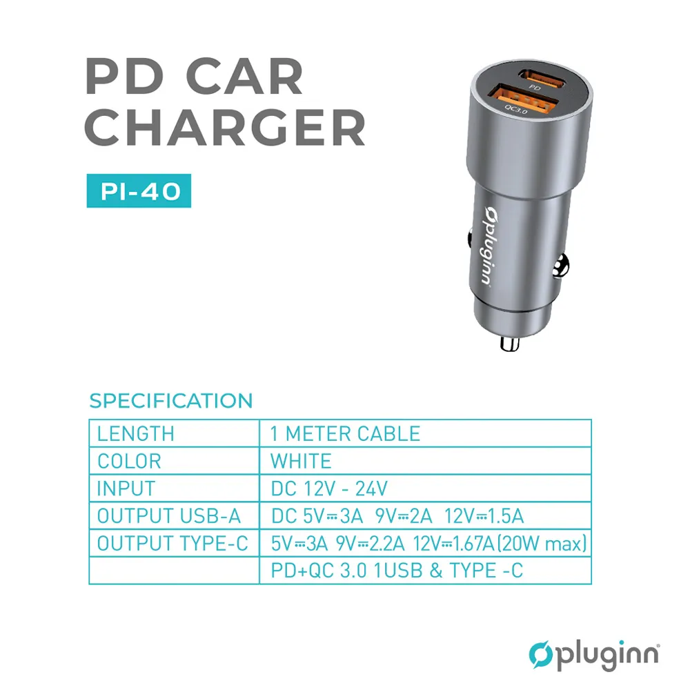 Auto punjac Pluginn PI-40, PD 20W, QC 3.0 18W, sivi