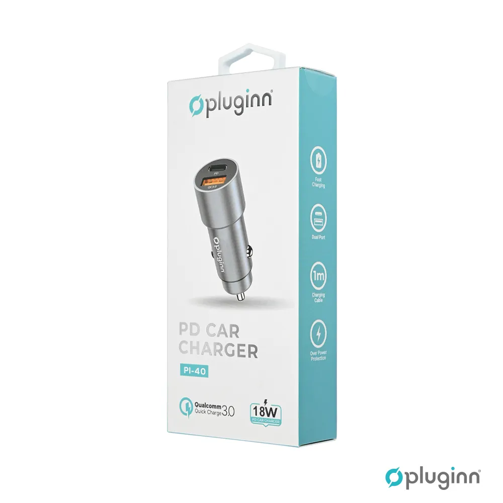 Auto punjac Pluginn PI-40, PD 20W, QC 3.0 18W, sivi