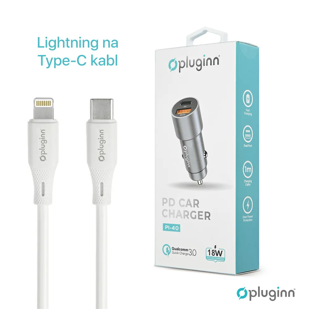 Auto punjac Pluginn PI-40, PD 20W, QC 3.0 18W, sa lightning kablom sivi