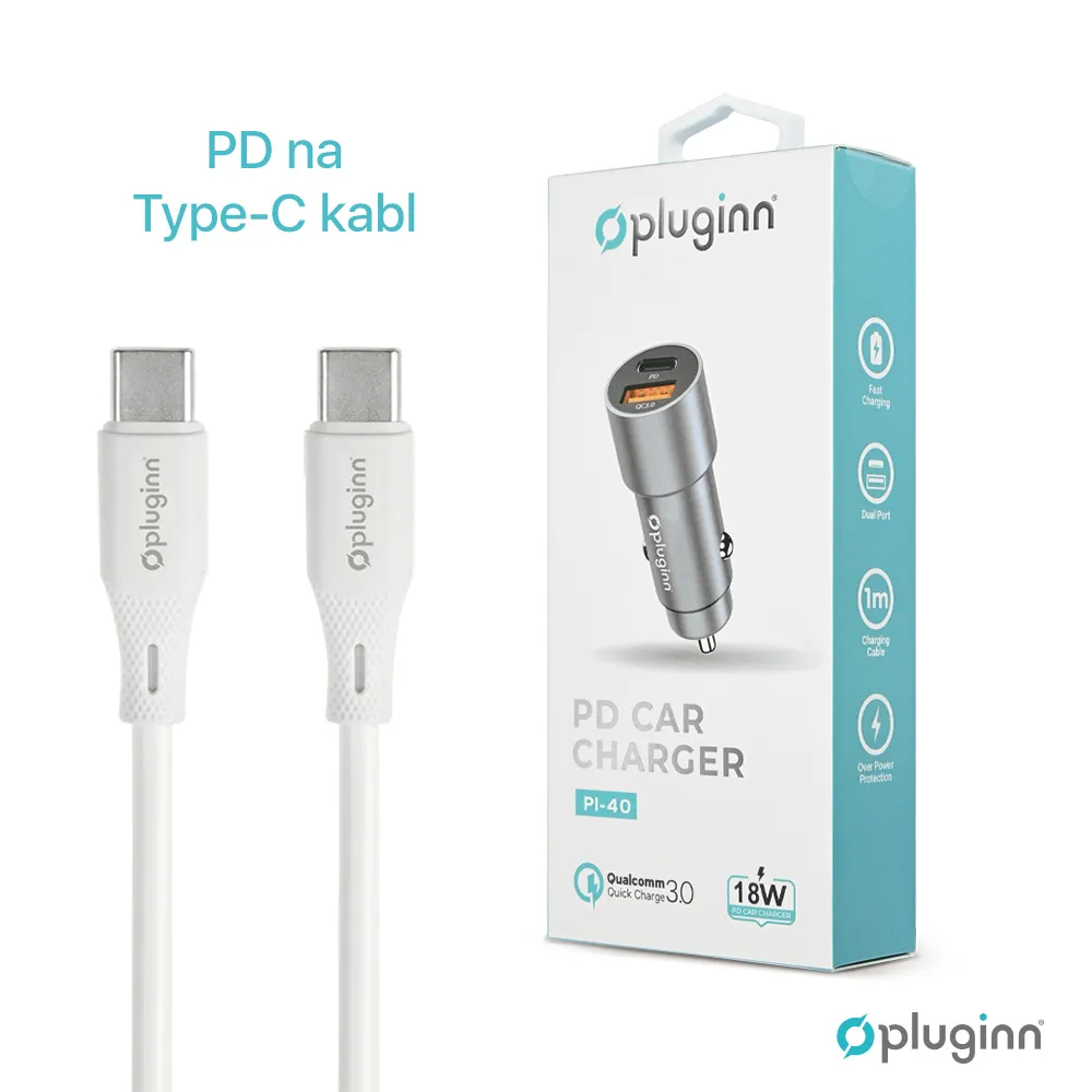 Auto punjac Pluginn PI-40, PD 20W, QC 3.0 18W, sa PD Type C kablom sivi