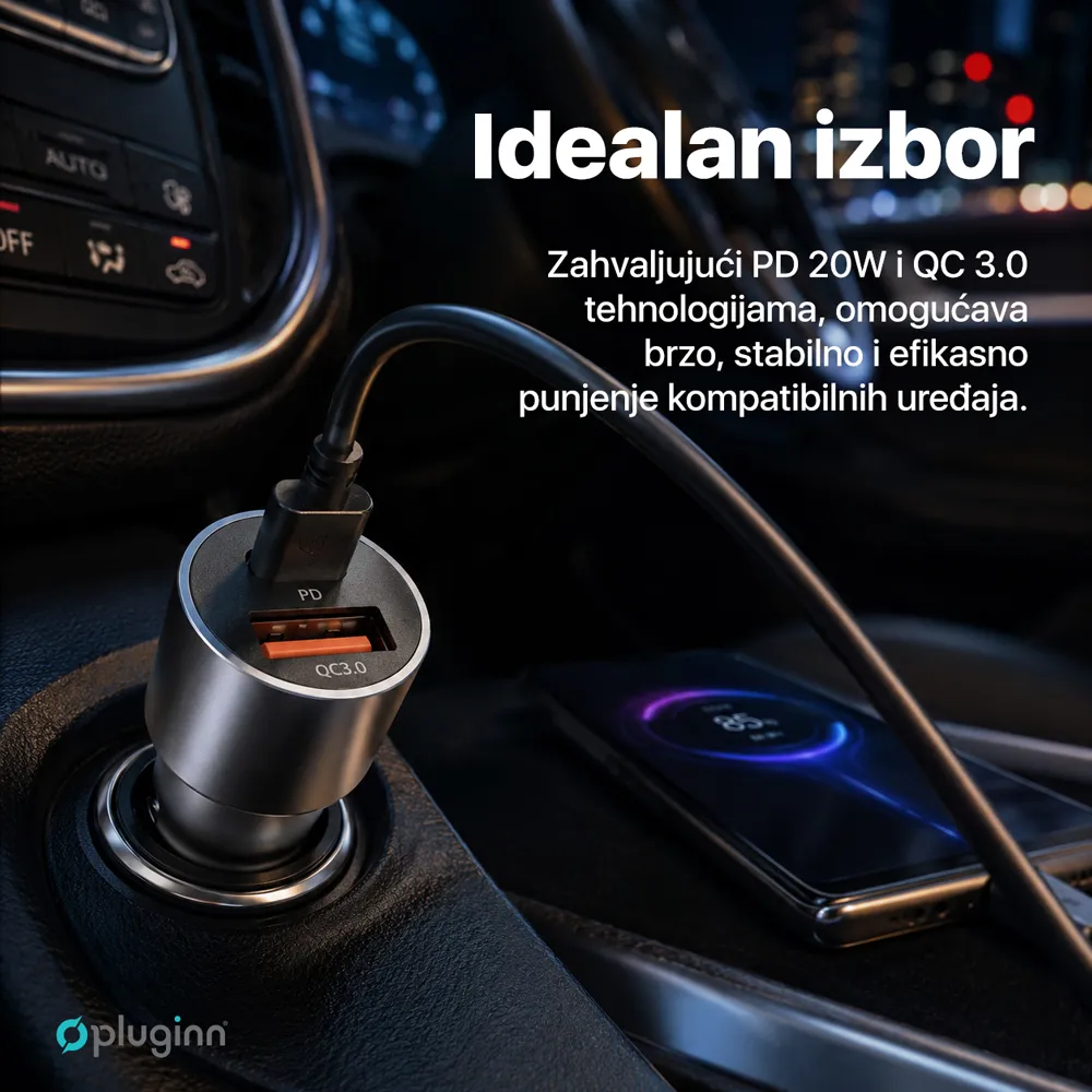 Auto punjac Pluginn PI-40, PD 20W, QC 3.0 18W, sa Type C kablom sivi