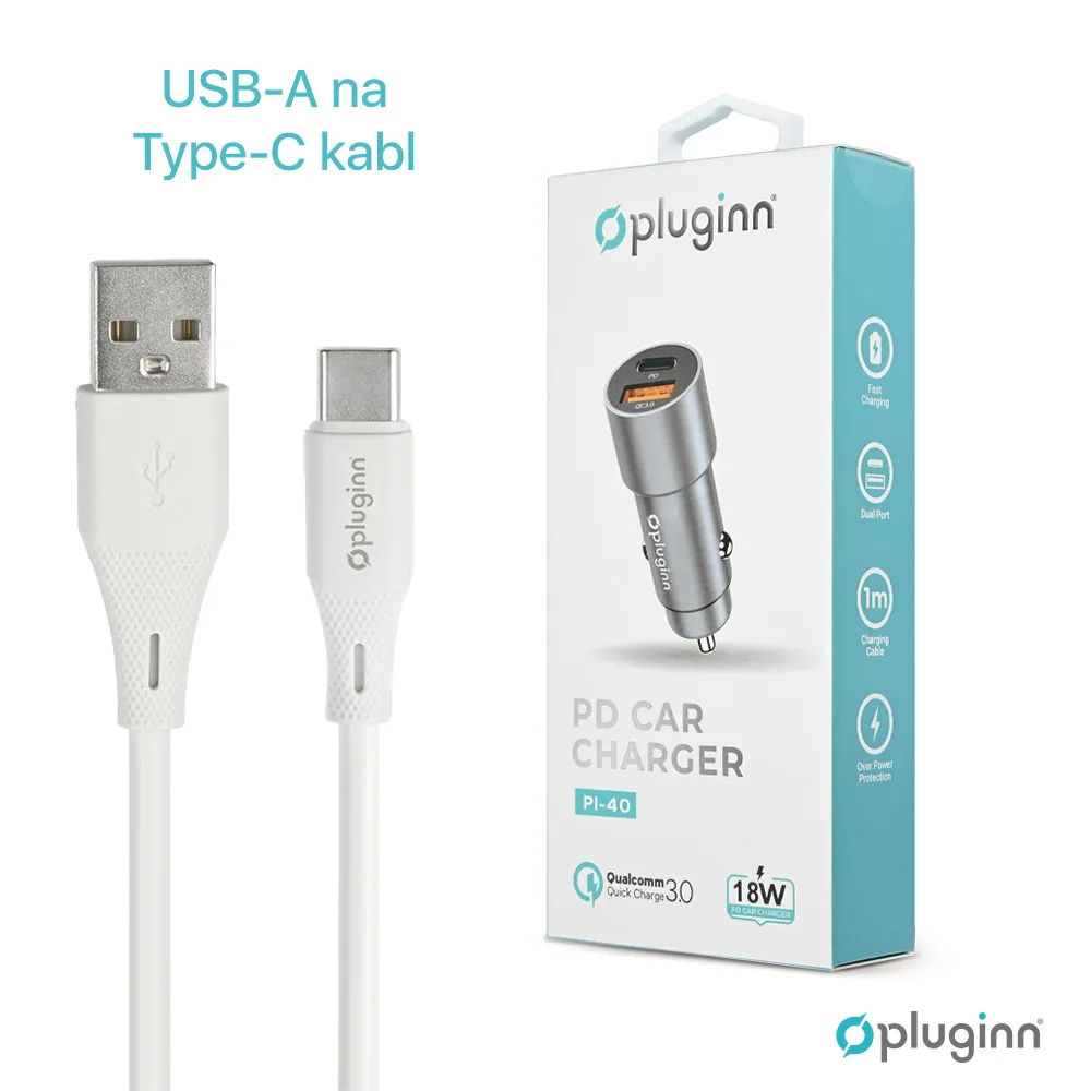 Auto punjac Pluginn PI-40, PD 20W, QC 3.0 18W, sa Type C kablom sivi