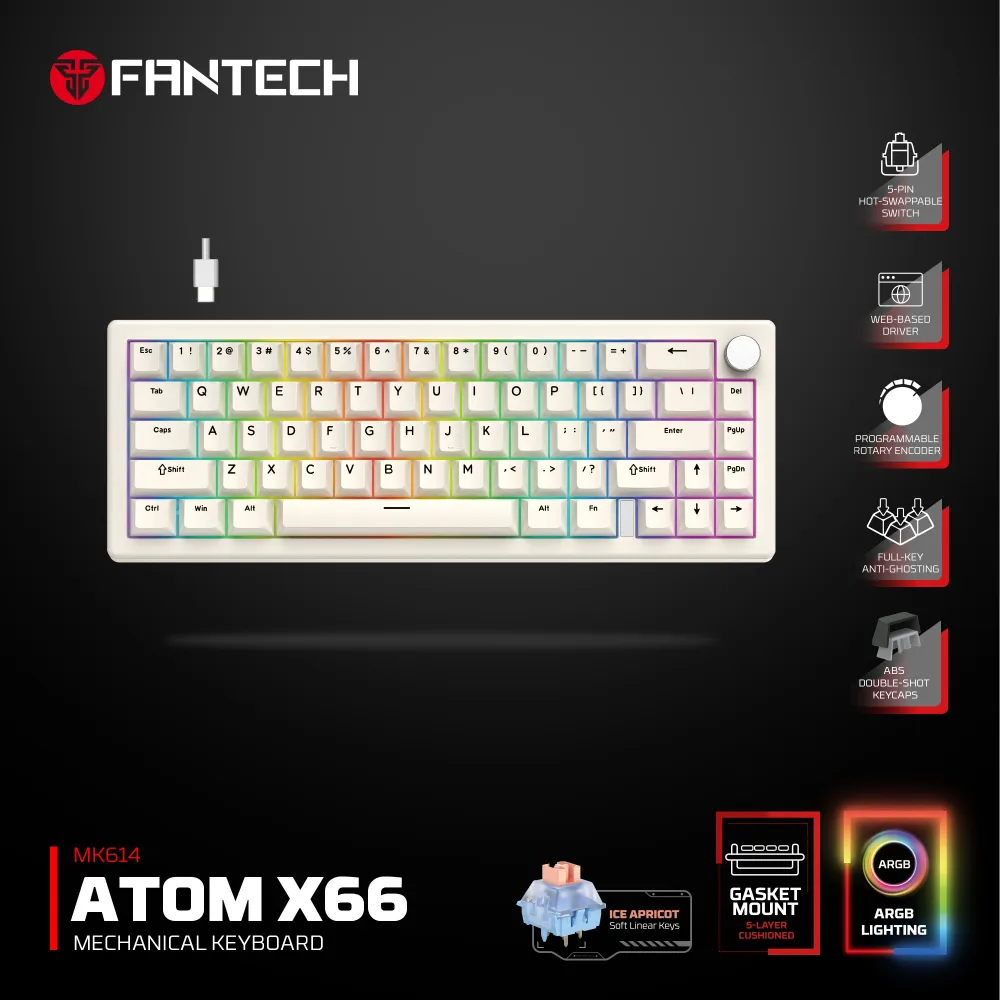 Tastatura Mehanicka Gaming Fantech MK614 Atom x66 Retro bez (ice apricot switch)