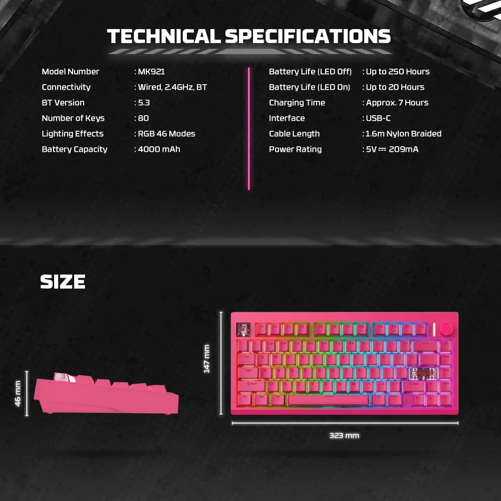 Tastatura Mehanicka Gaming Fantech MK921 Maxfit 8 Wireless pink (white switch)