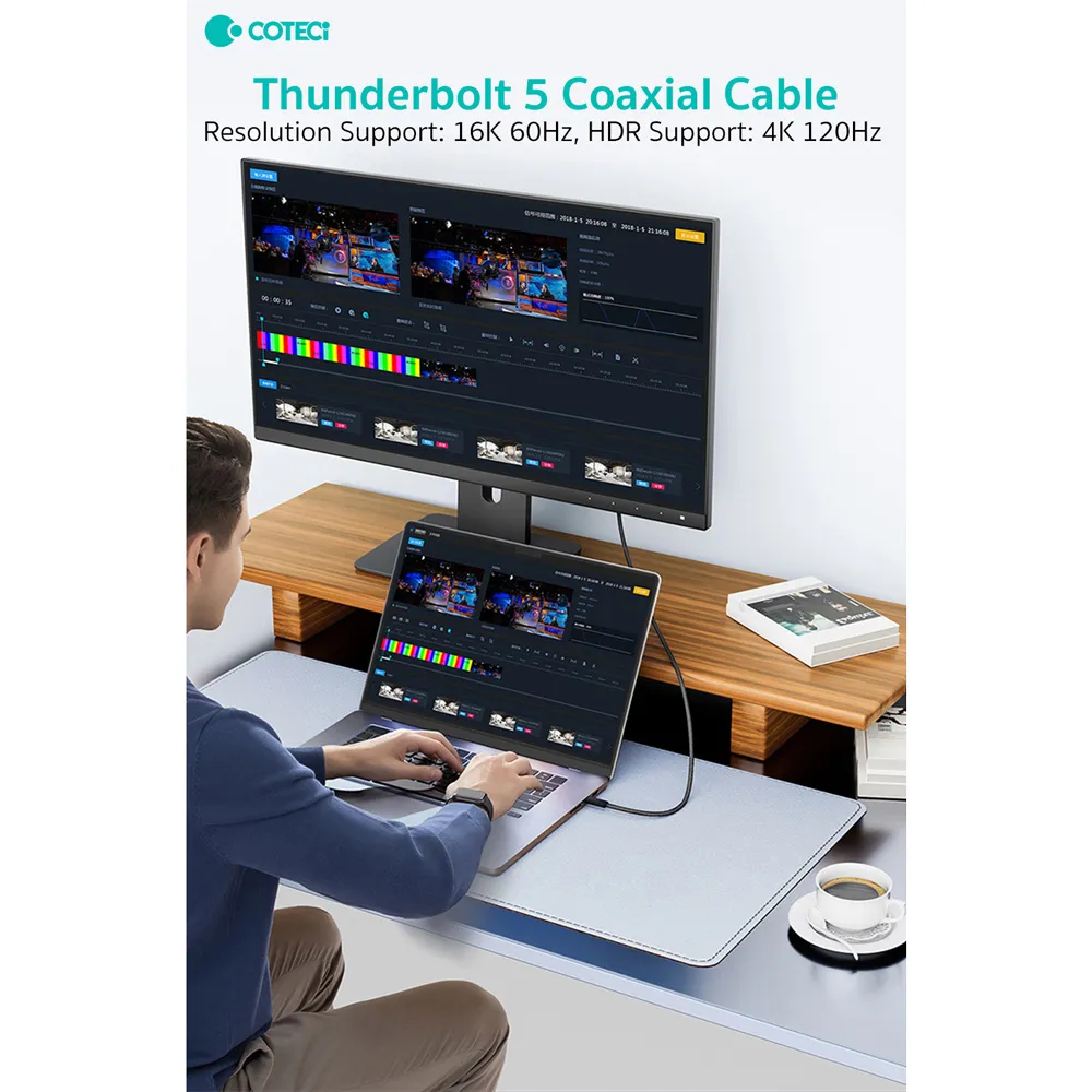 Data kabl Coteci Thunderbolt OF-065 120Gbps 240W 4k PD Type C na Type C crni 0.25m