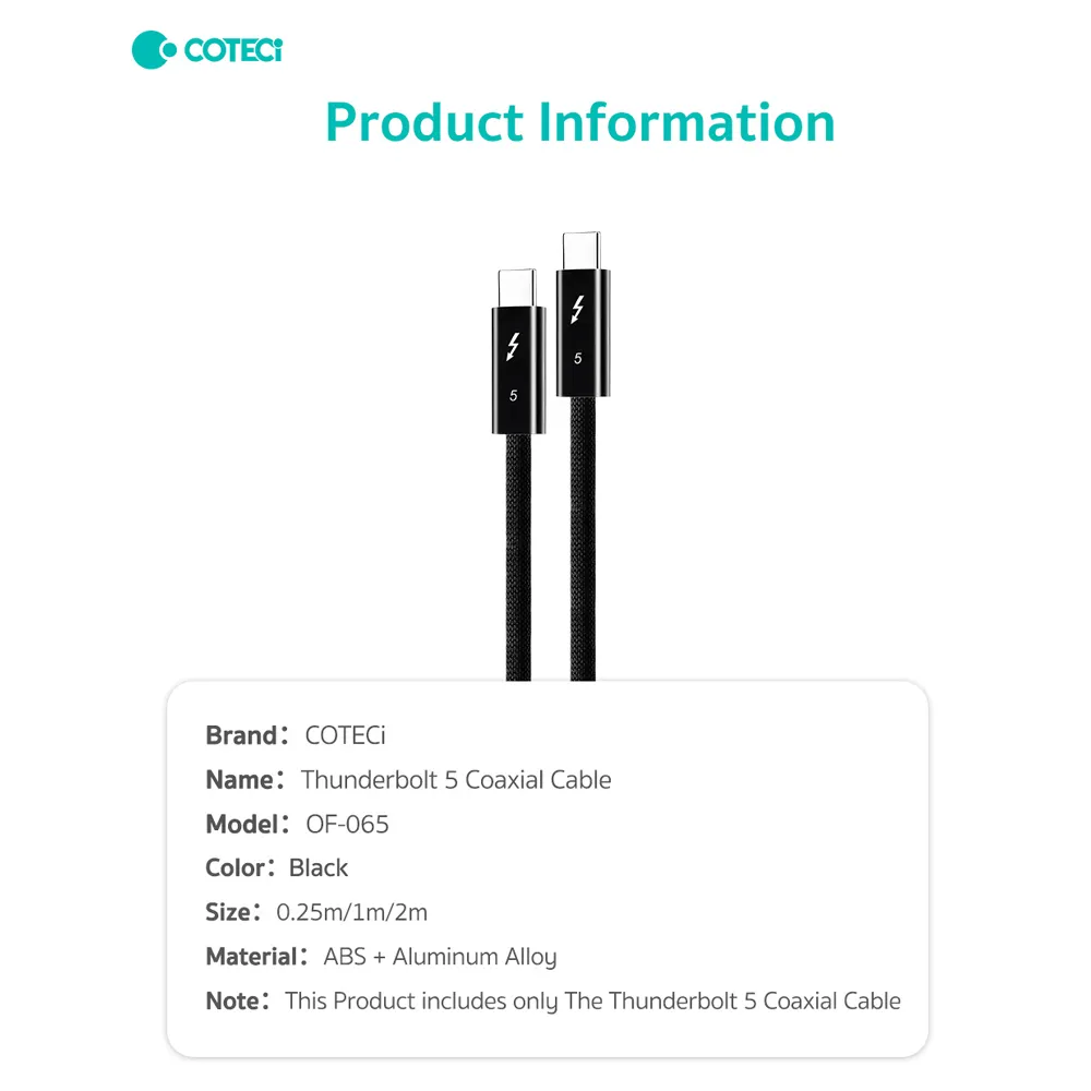 Data kabl Coteci Thunderbolt OF-065 120Gbps 240W 4k PD Type C na Type C crni 1.5m