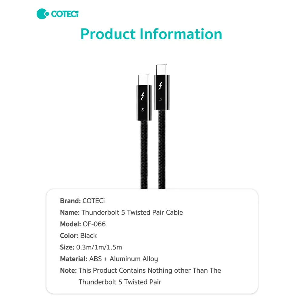 Data kabl Coteci Thunderbolt OF-066 120Gbps 240W 4k PD Type C na Type C crni 0.3m