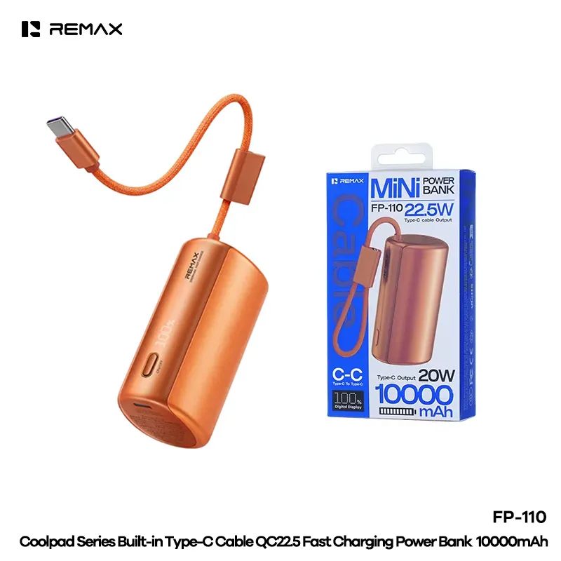 Power bank prenosiva baterija REMAX Coolpad Series FP-110 sa integrisanim Type C kablom 10000mAh narandzasta
