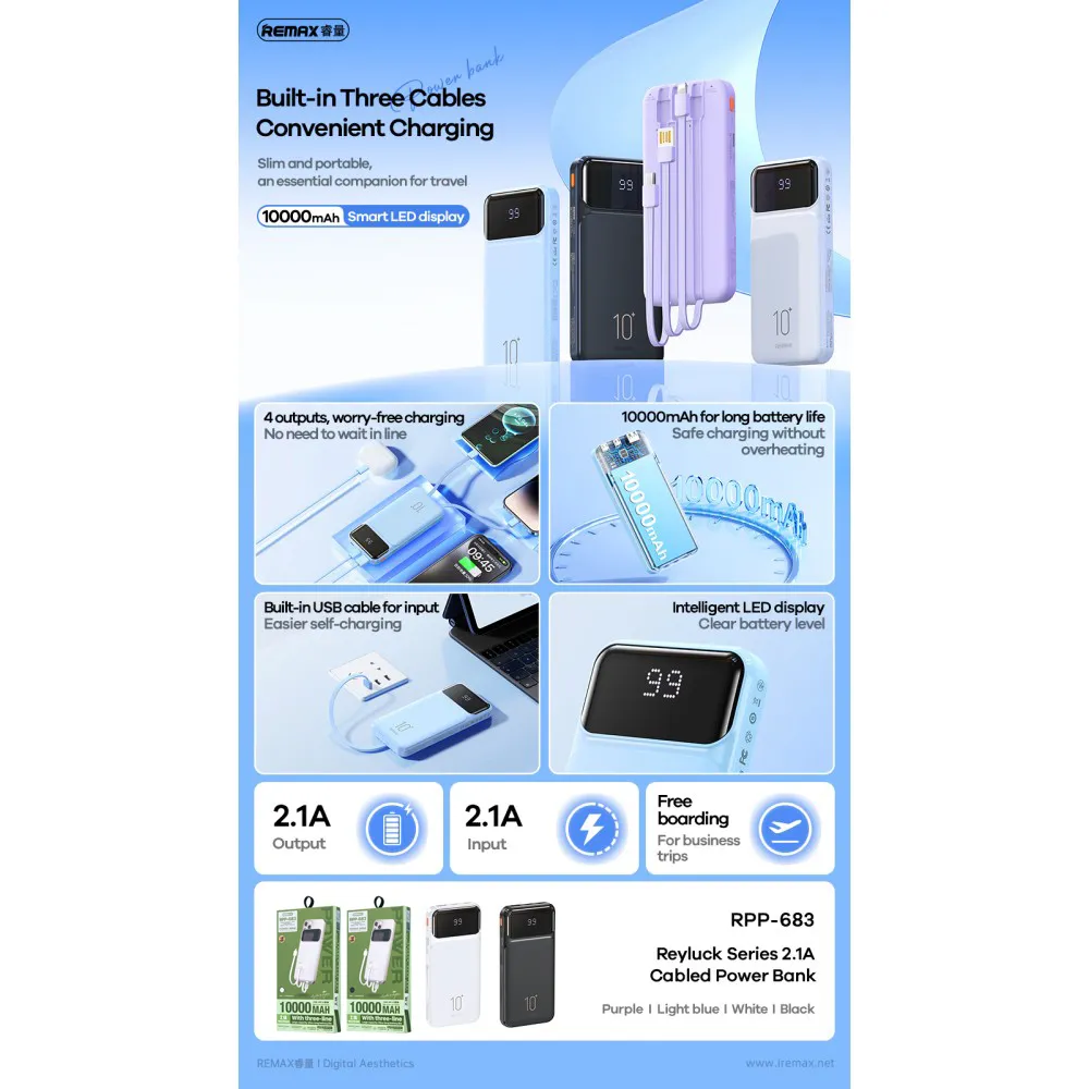 Power bank prenosiva baterija REMAX Reyluck Series RPP-683 2.1A sa integrisanim kablovima 10000mAh crna