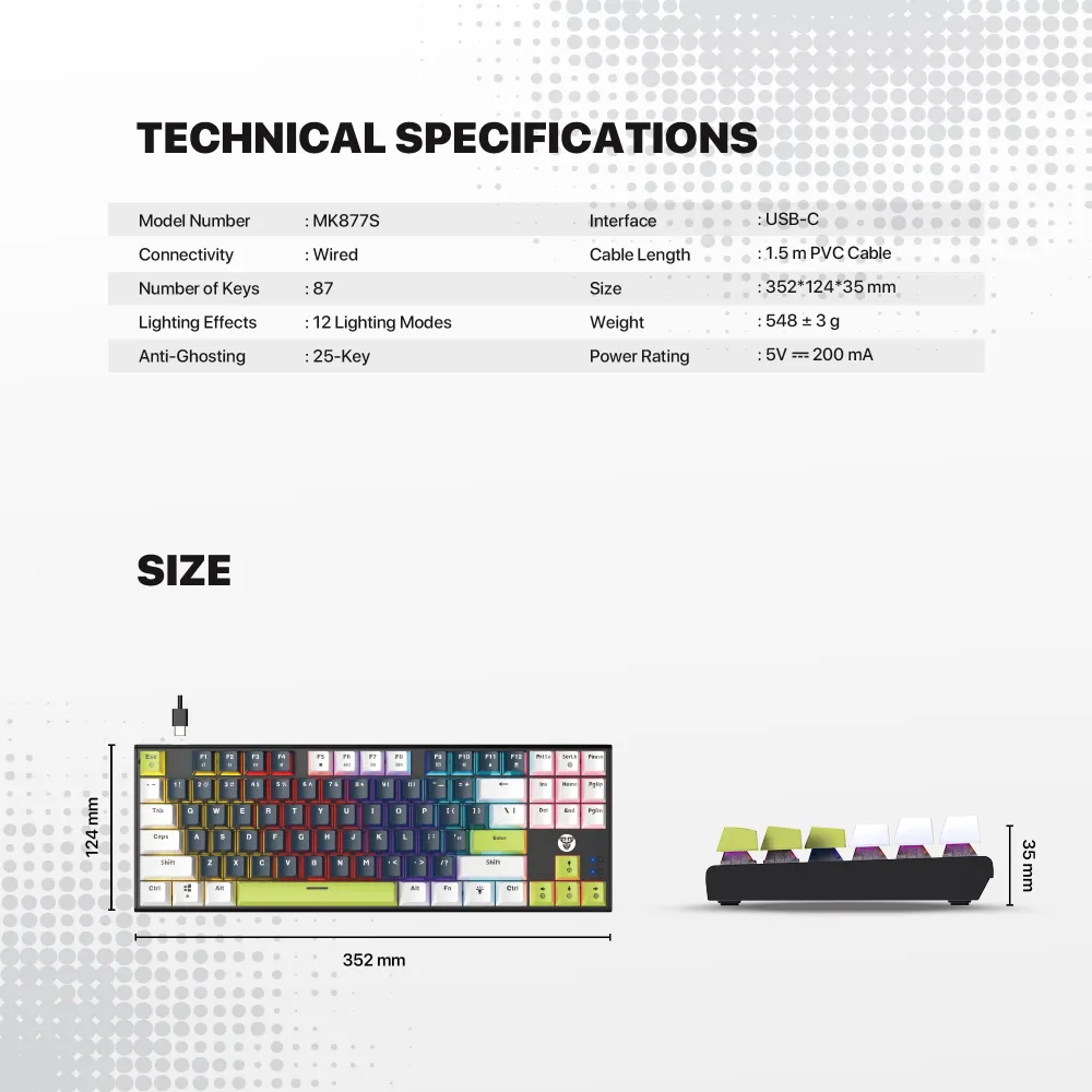 Tastatura Mehanicka Gaming Fantech MK877S RGB Atom 87S Mori bela (taro switch)