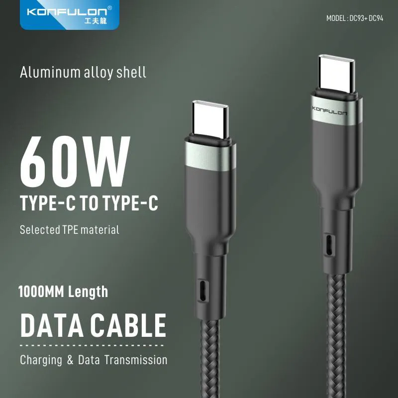Data kabl KONFULON DC94, 60W, Type C na Type C crni 1m