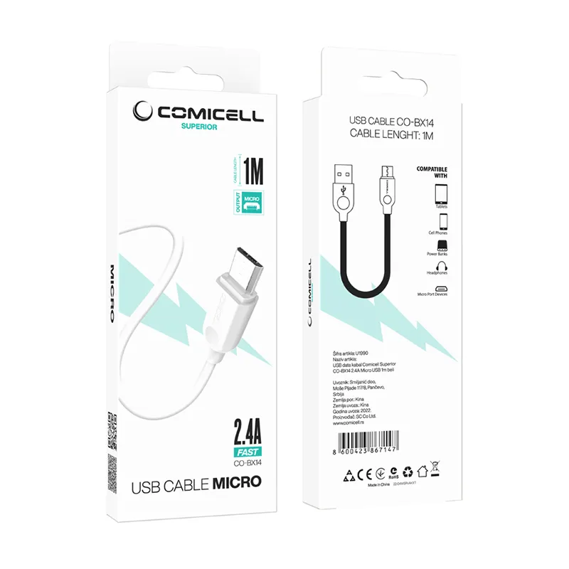 USB data kabal Comicell Superior CO-BX14 2.4A Micro USB 1m beli