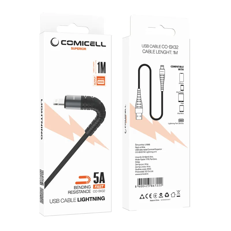 USB data kabal Comicell Superior CO-BX32 5A Lightning crni