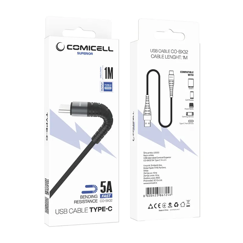 USB data kabal Comicell Superior CO-BX32 5A Type C 1m crni