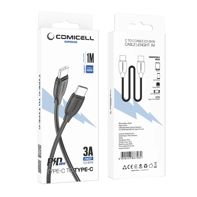 USB data kabal Comicell Superior CO-BX19 Fast 60W 3A Type C 1m crni