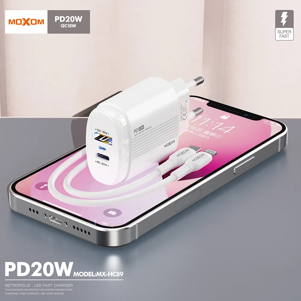 Kucni punjac Moxom MX-HC89 20W Type-C na Lightning beli