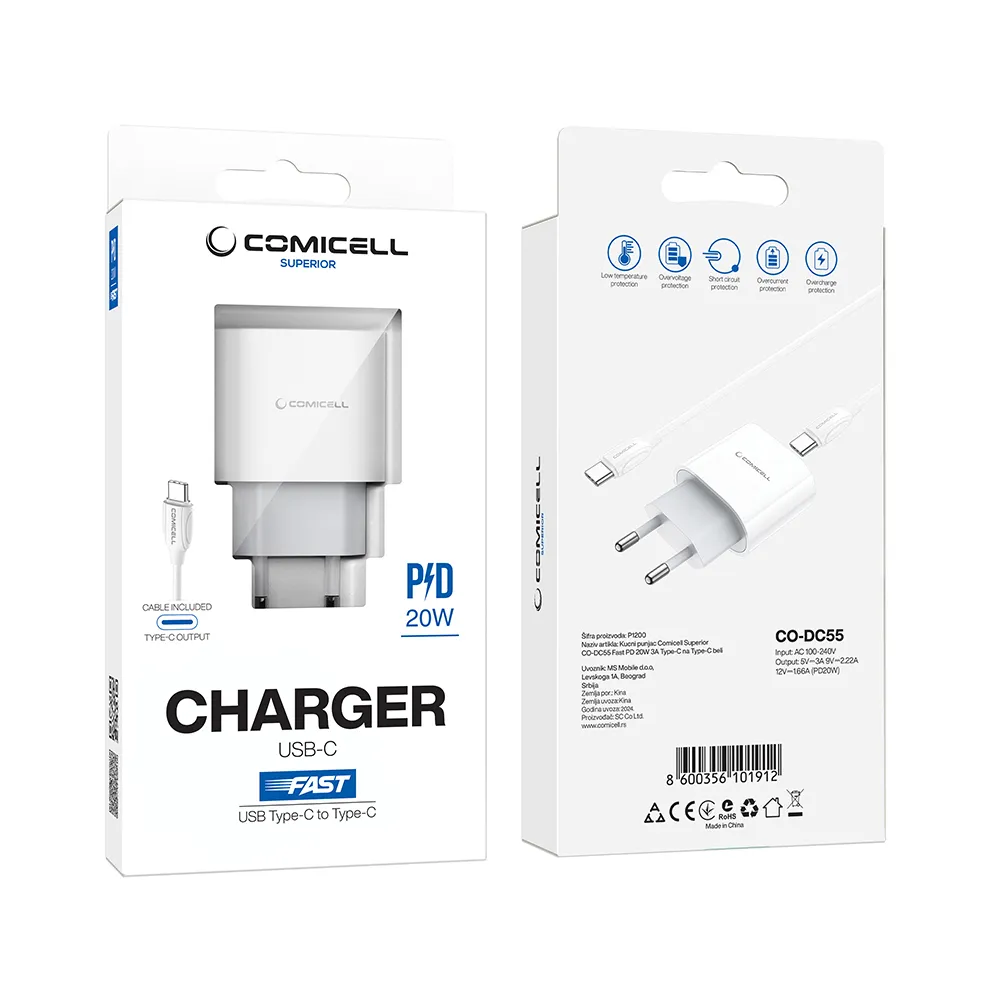Kucni punjac Comicell Superior CO-DC55 Fast PD 20W 3A Type-C na Type-C beli