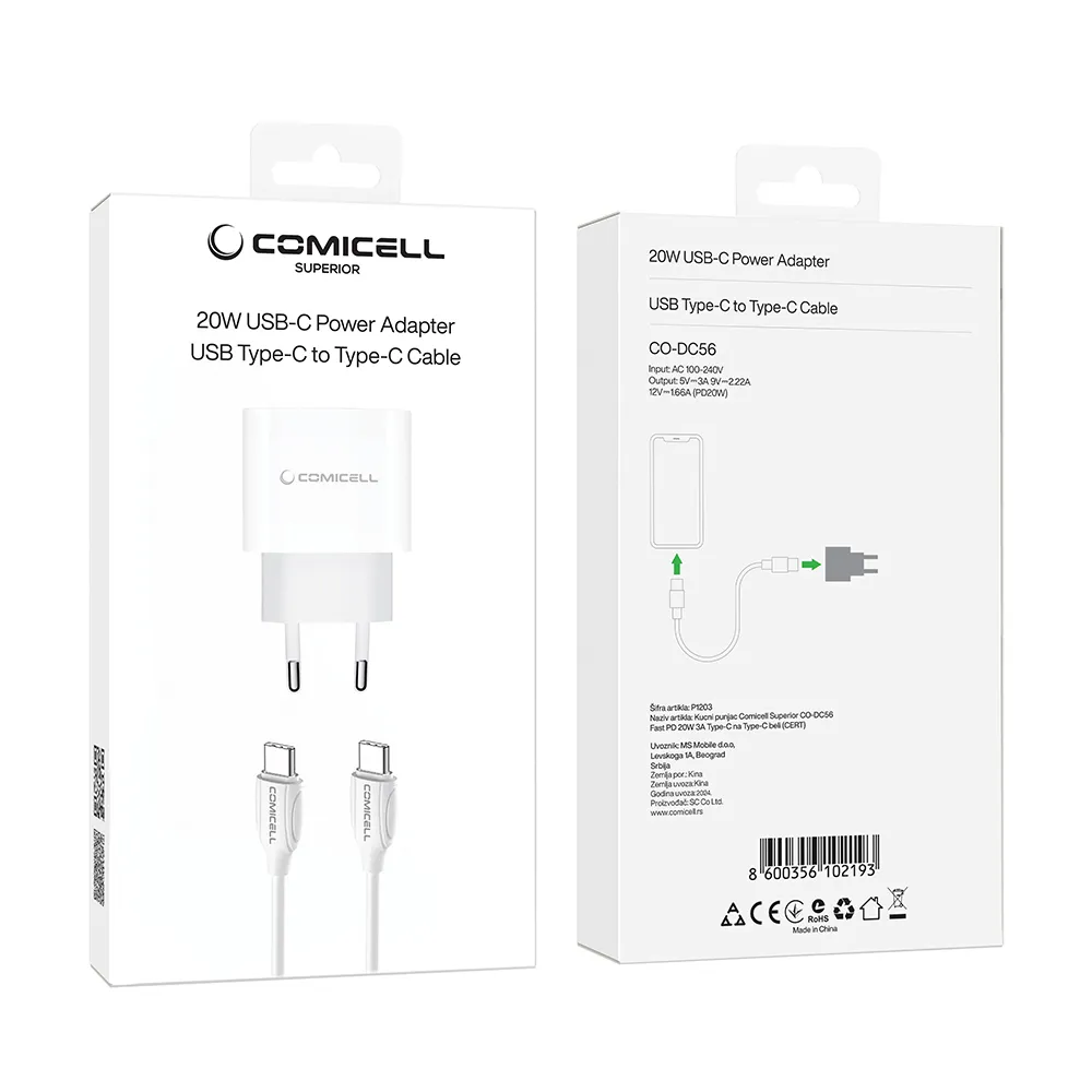 Kucni punjac Comicell Superior CO-DC56 Fast PD 20W 3A Type-C na Type-C beli (CERT)