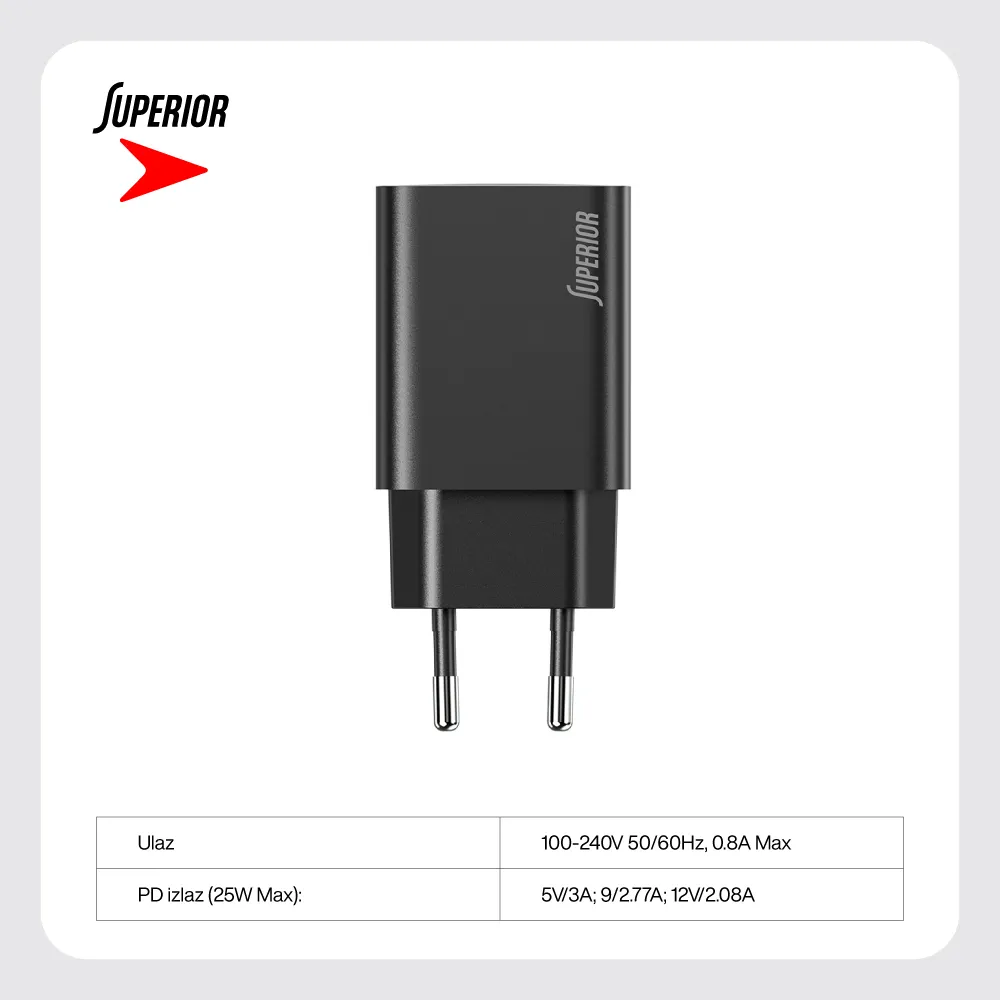 Kuciste punjaca Superior SU-P103 Super Fast PD 25W 3A Type C crno (CERT)