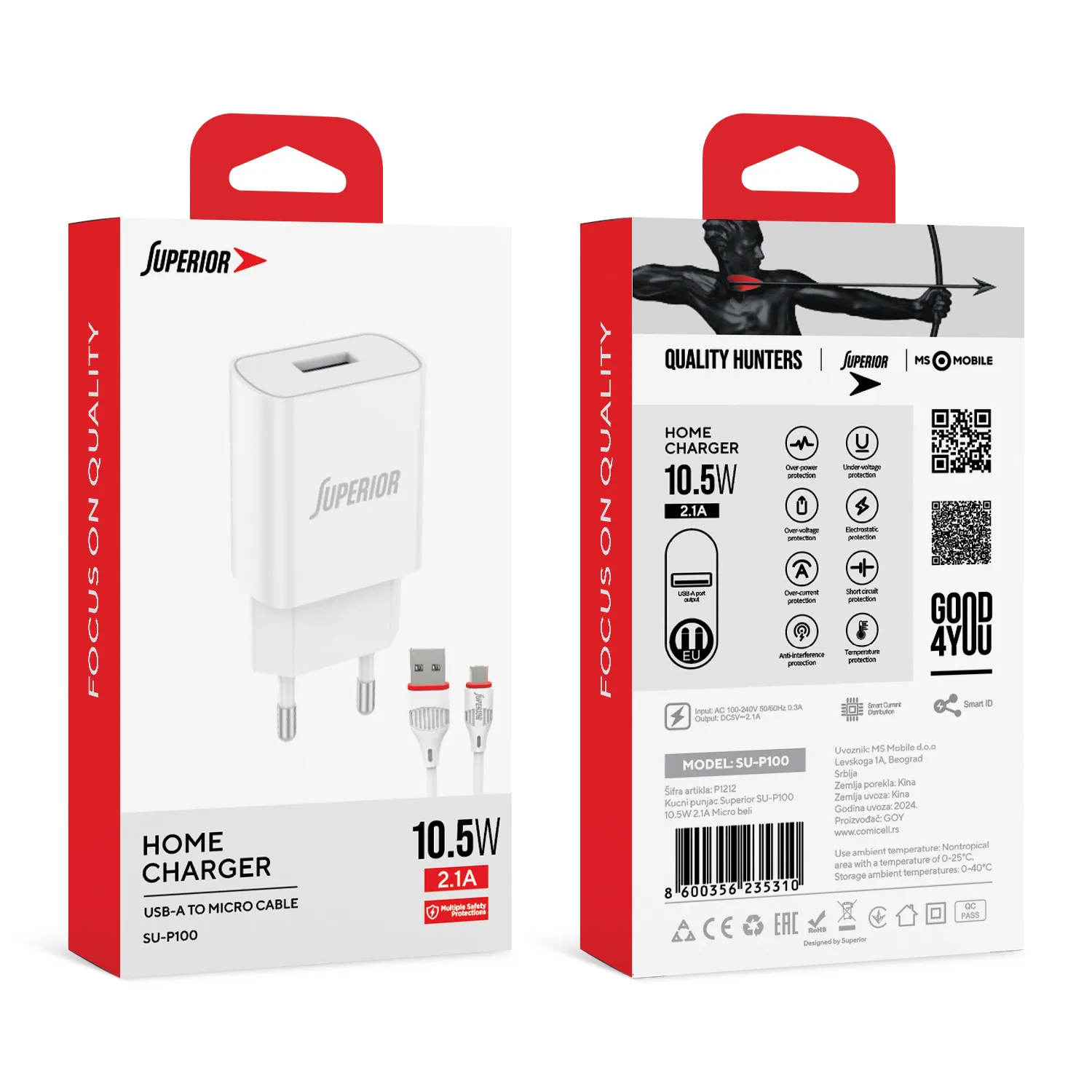 Kucni punjac Superior SU-P100 10.5W 2.1A Micro beli