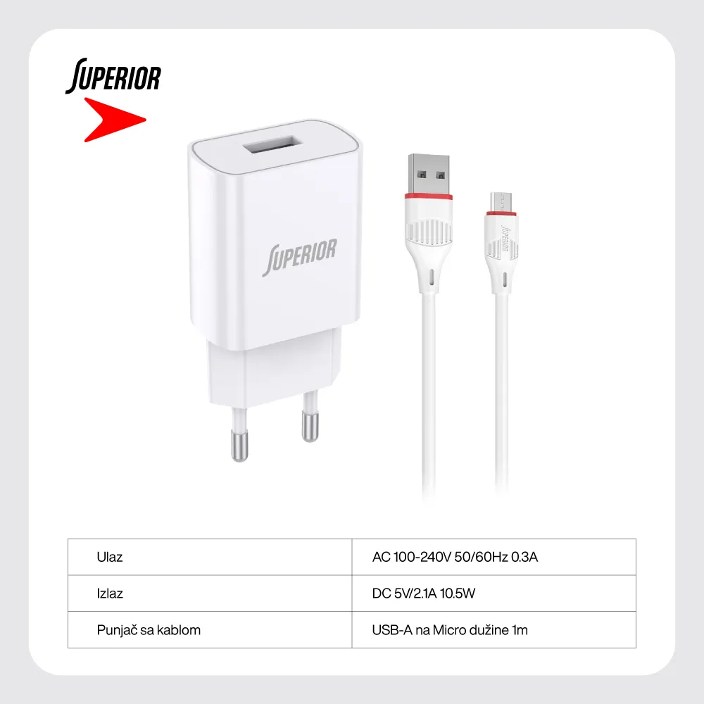 Kucni punjac Superior SU-P100 10.5W 2.1A Micro beli