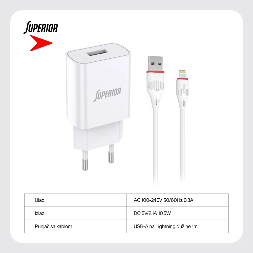 Kucni punjac Superior SU-P100 10.5W 2.1A Lightning beli