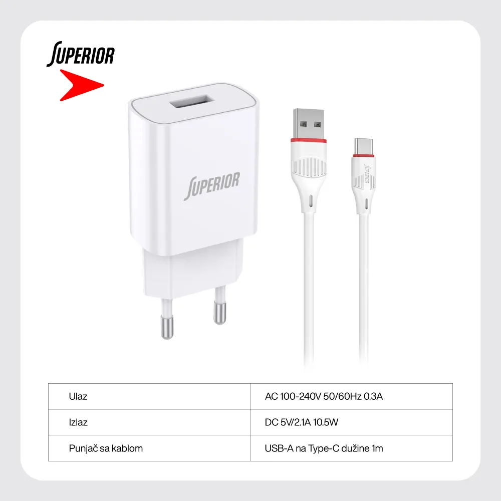 Kucni punjac Superior SU-P100 10.5W 2.1A Type C beli