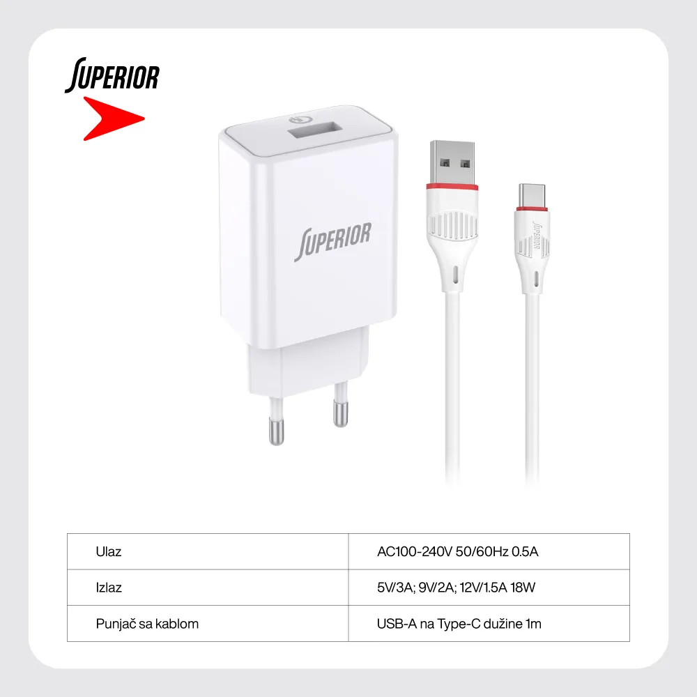 Kucni punjac Superior SU-P101 Fast QC3.0 18W 3A Type C beli