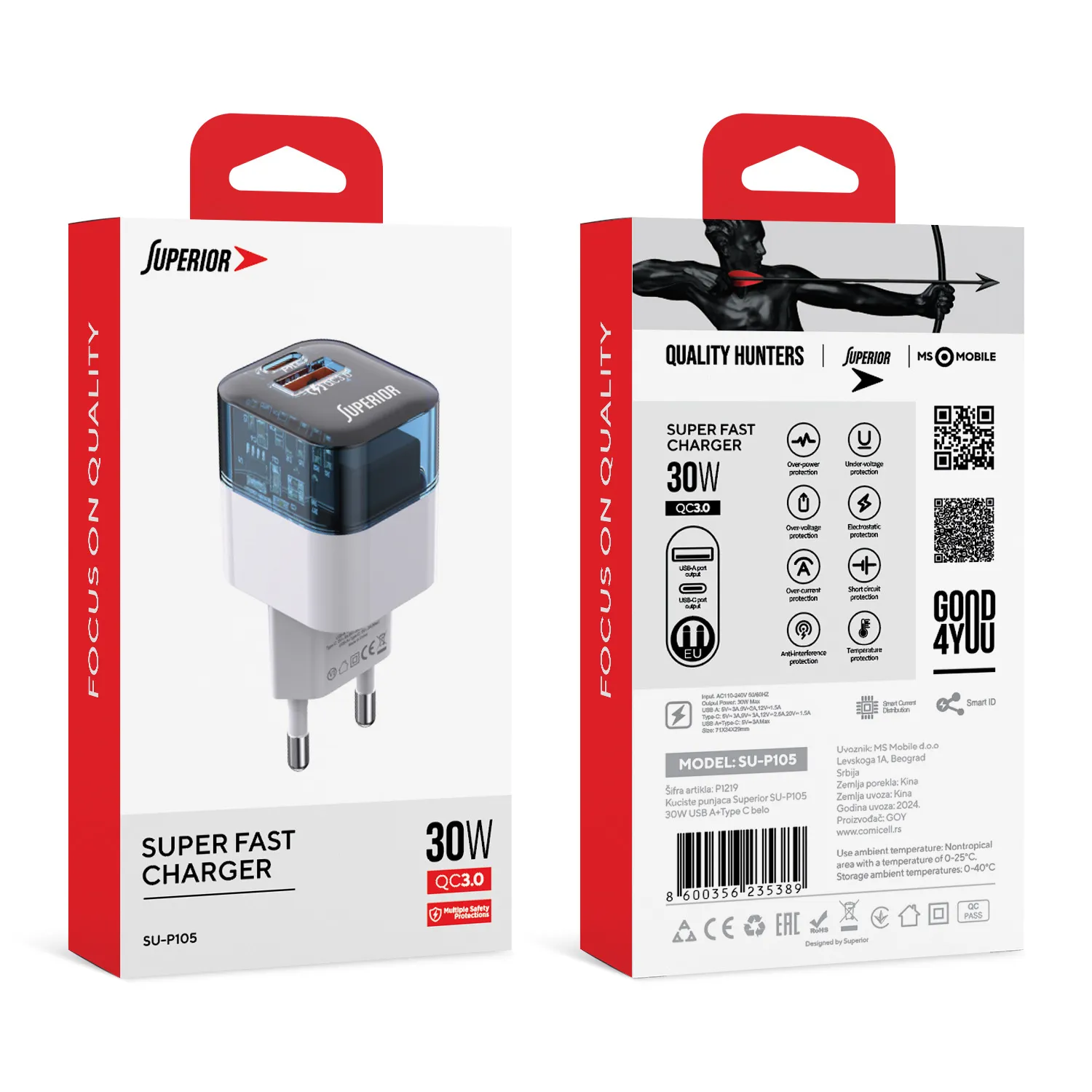Kuciste punjaca Superior SU-P105 30W USB A+Type C belo