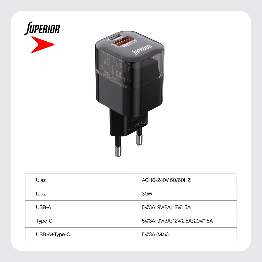 Kuciste punjaca Superior SU-P105 30W USB A+Type C crno