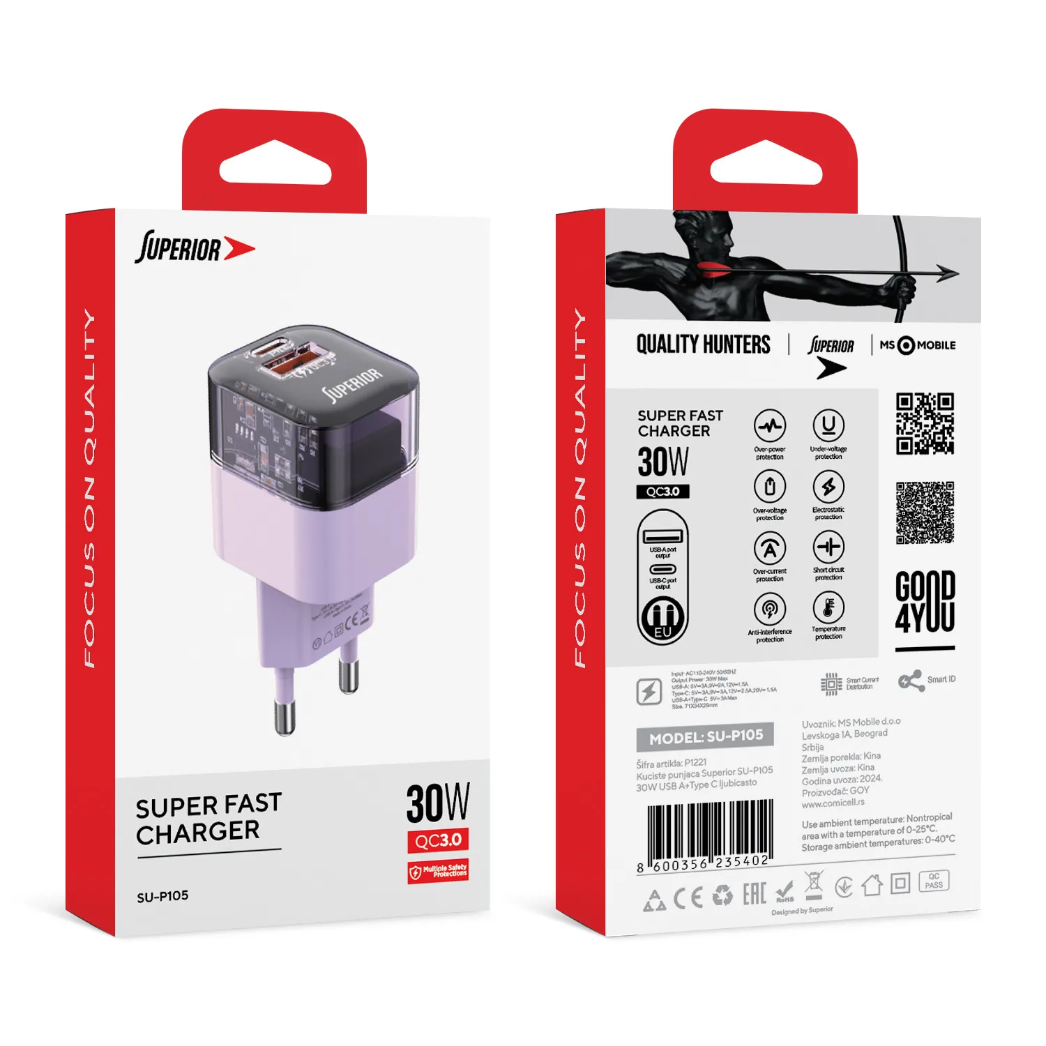 Kuciste punjaca Superior SU-P105 30W USB A+Type C ljubicasto