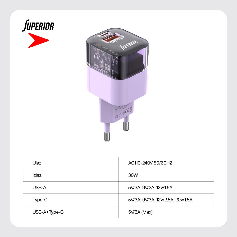 Kuciste punjaca Superior SU-P105 30W USB A+Type C ljubicasto