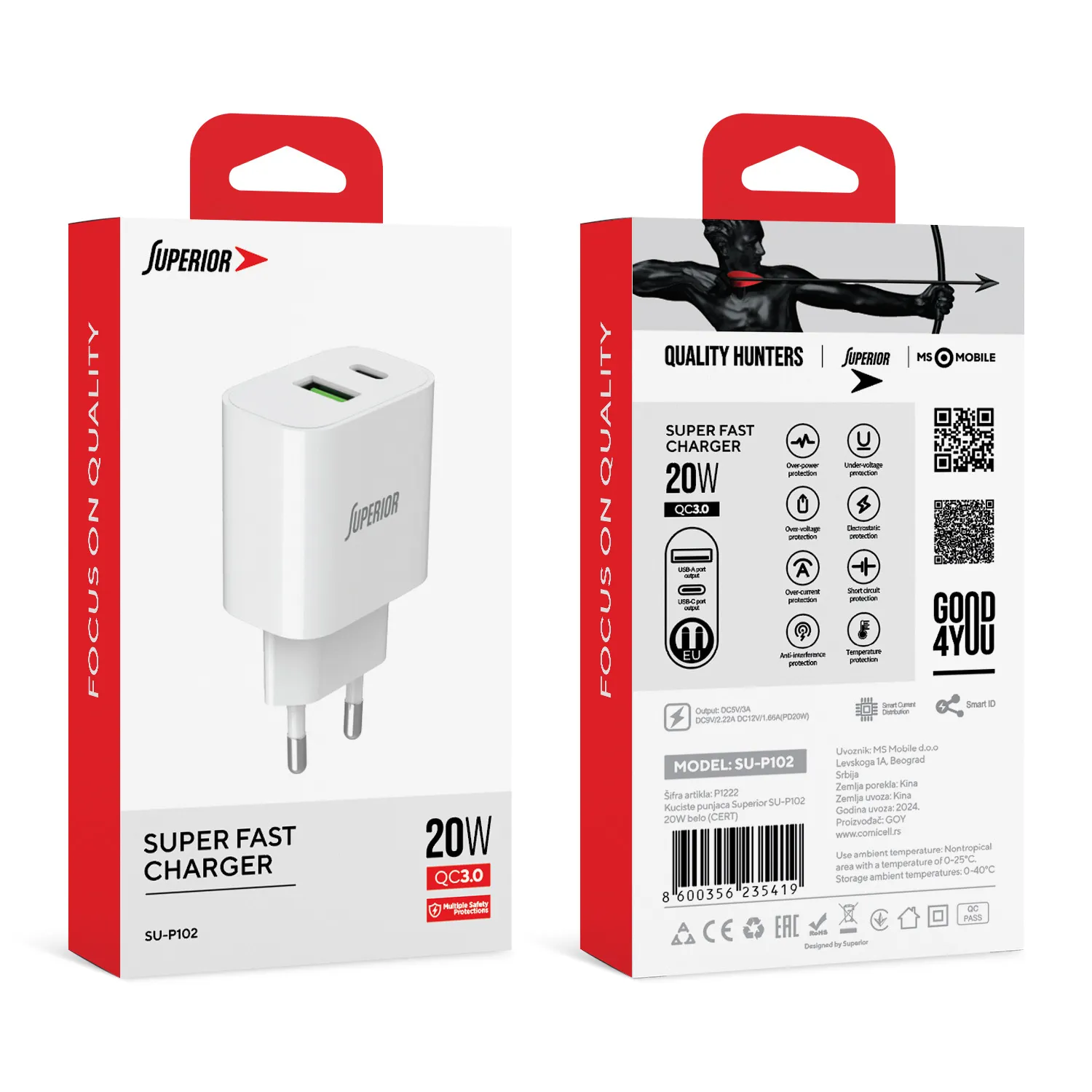 Kuciste punjaca Superior SU-P102 20W USB A+Type C belo (CERT)