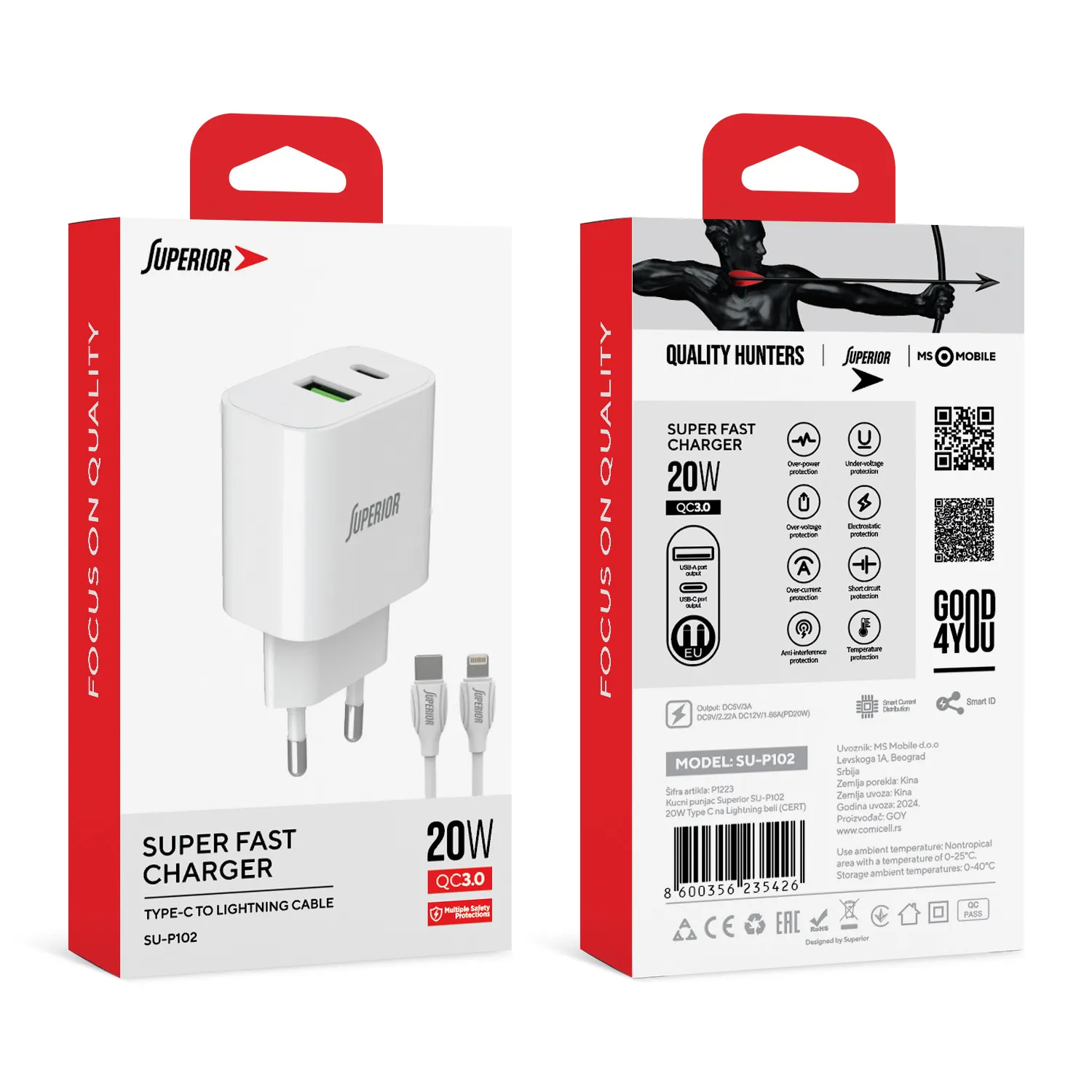 Kucni punjac Superior SU-P102 20W USB A+Type C sa Type C na Lightning kablom beli (CERT)