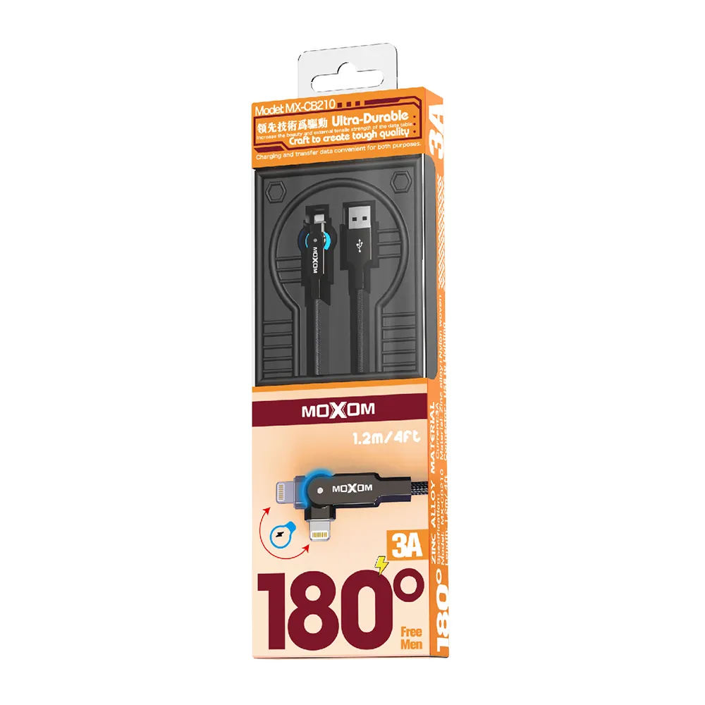 USB data kabal Moxom MX-CB210 180 Rotation 3A lightning 1.2m crni