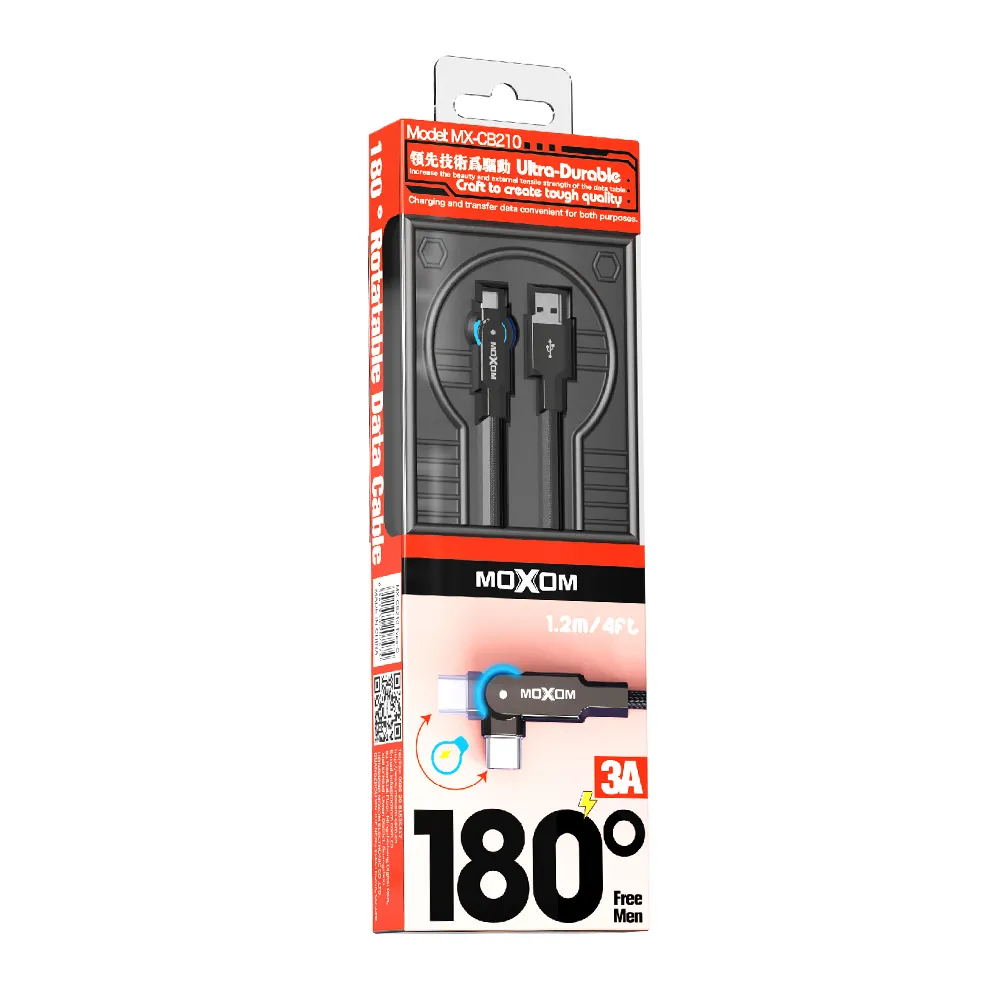 USB data kabal Moxom MX-CB210 180 Rotation 3A Type C 1.2m crni