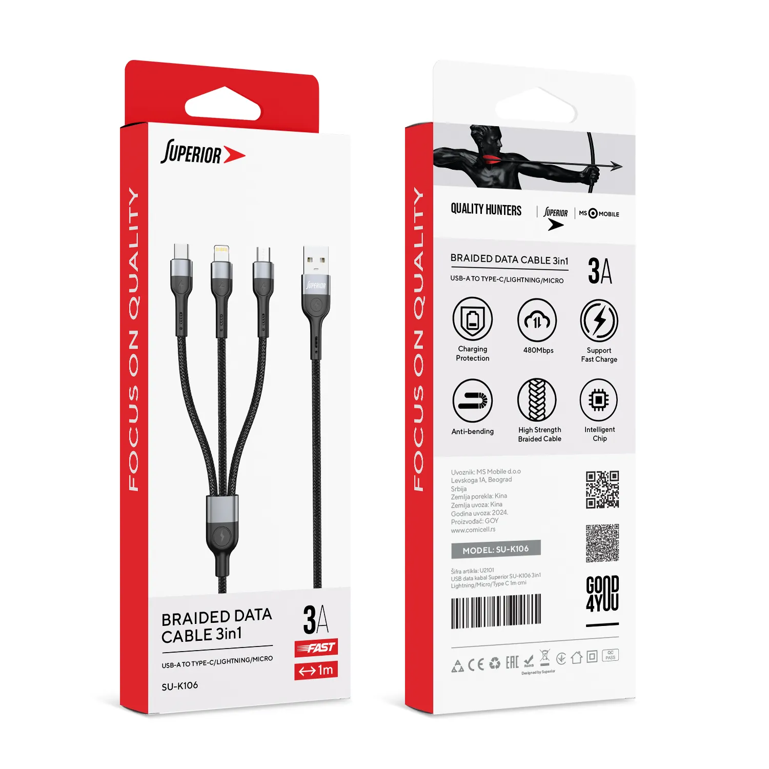 USB data kabal Superior SU-K106 3in1 Lightning/Micro/Type C 1m crni