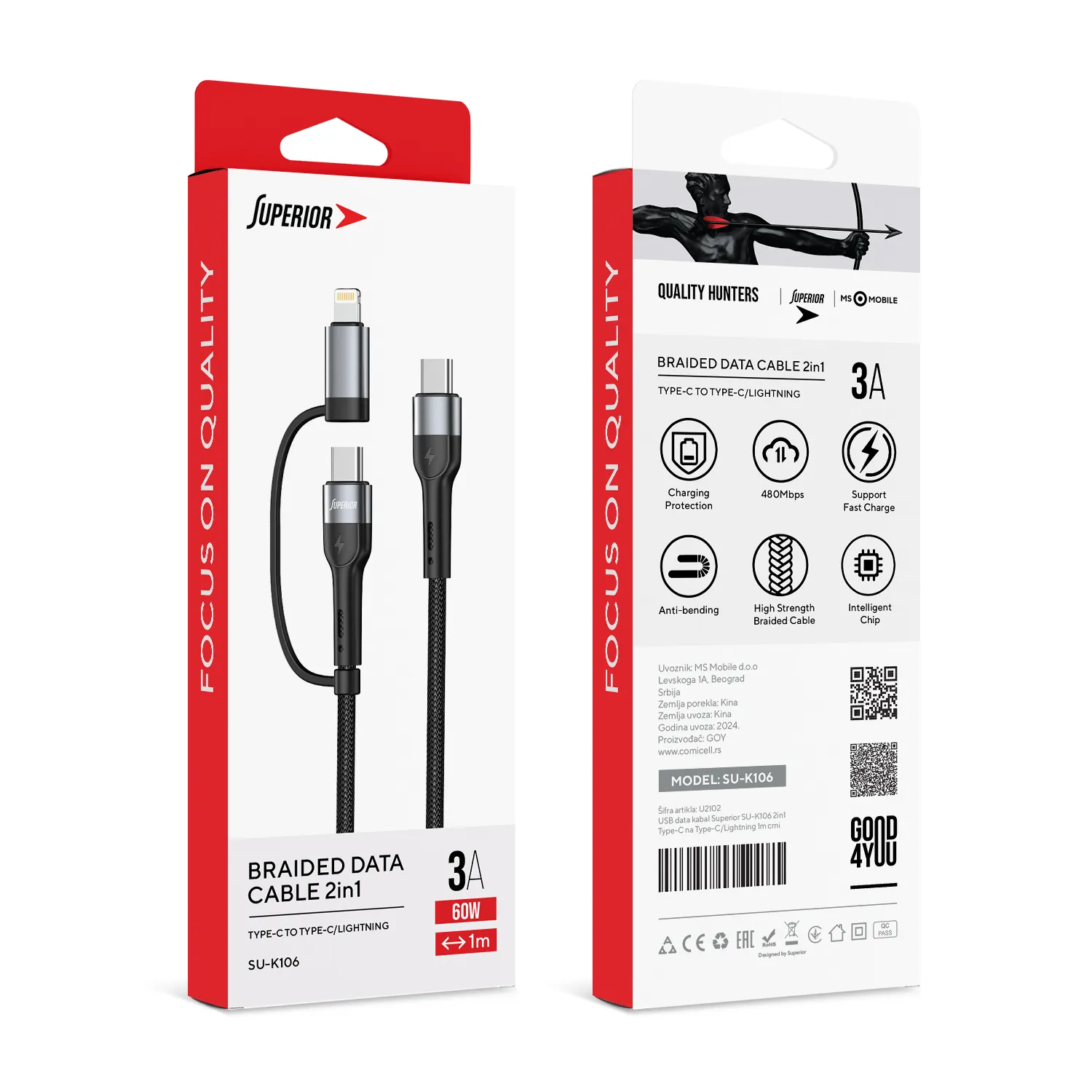 USB data kabal Superior SU-K106 2in1 Type-C na Type-C/Lightning 1m crni