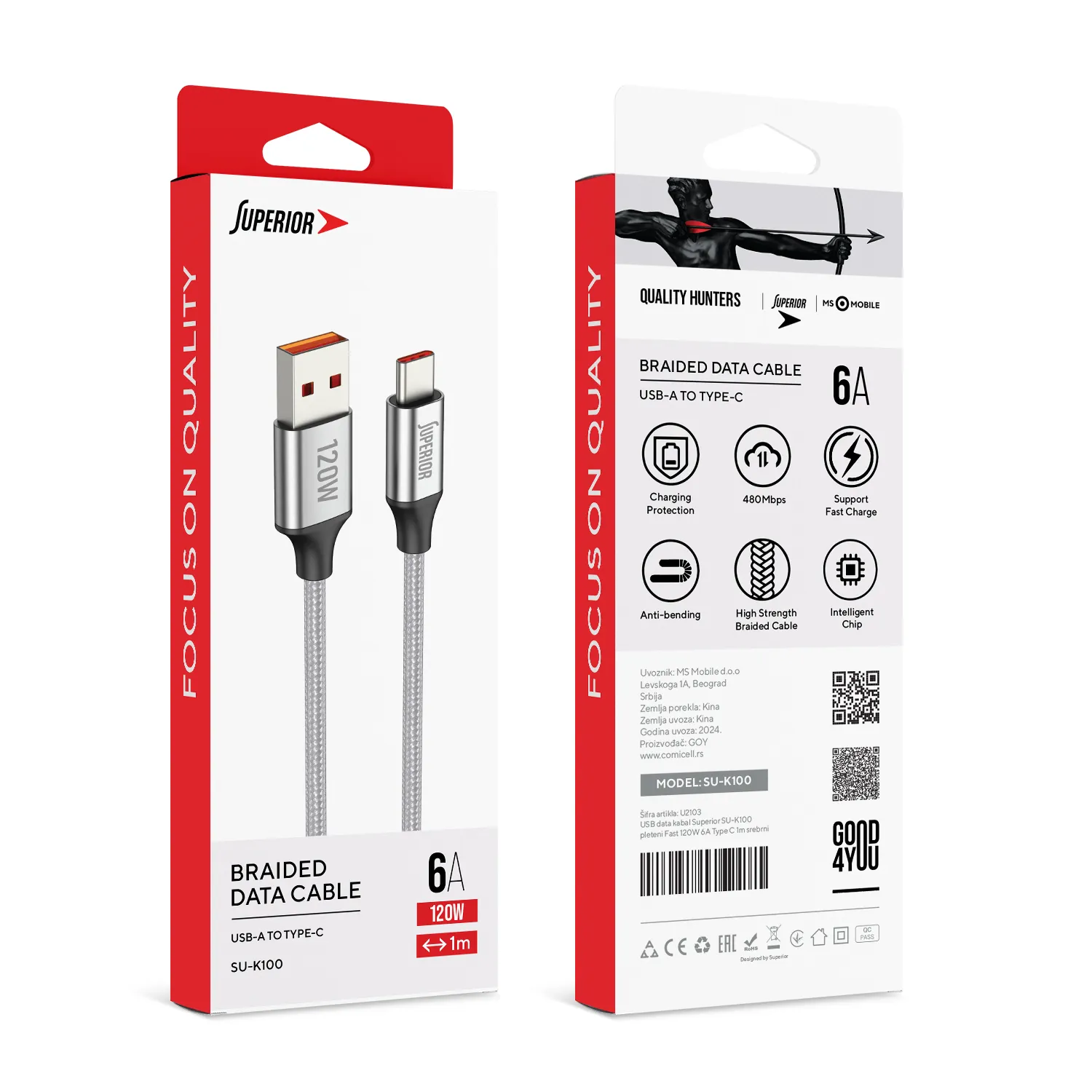 USB data kabal Superior SU-K100 pleteni Fast 120W 6A Type C 1m srebrni
