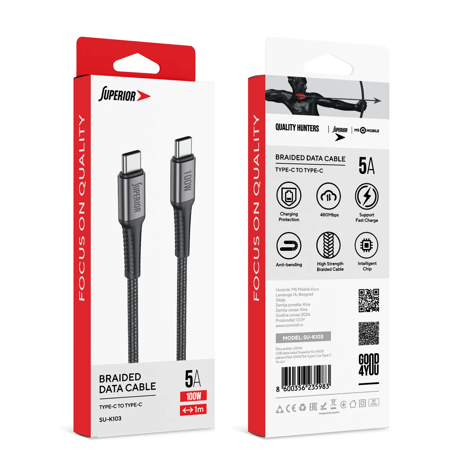 USB data kabal Superior SU-K103 pleteni Fast 100W 5A Type C na Type C 1m sivi