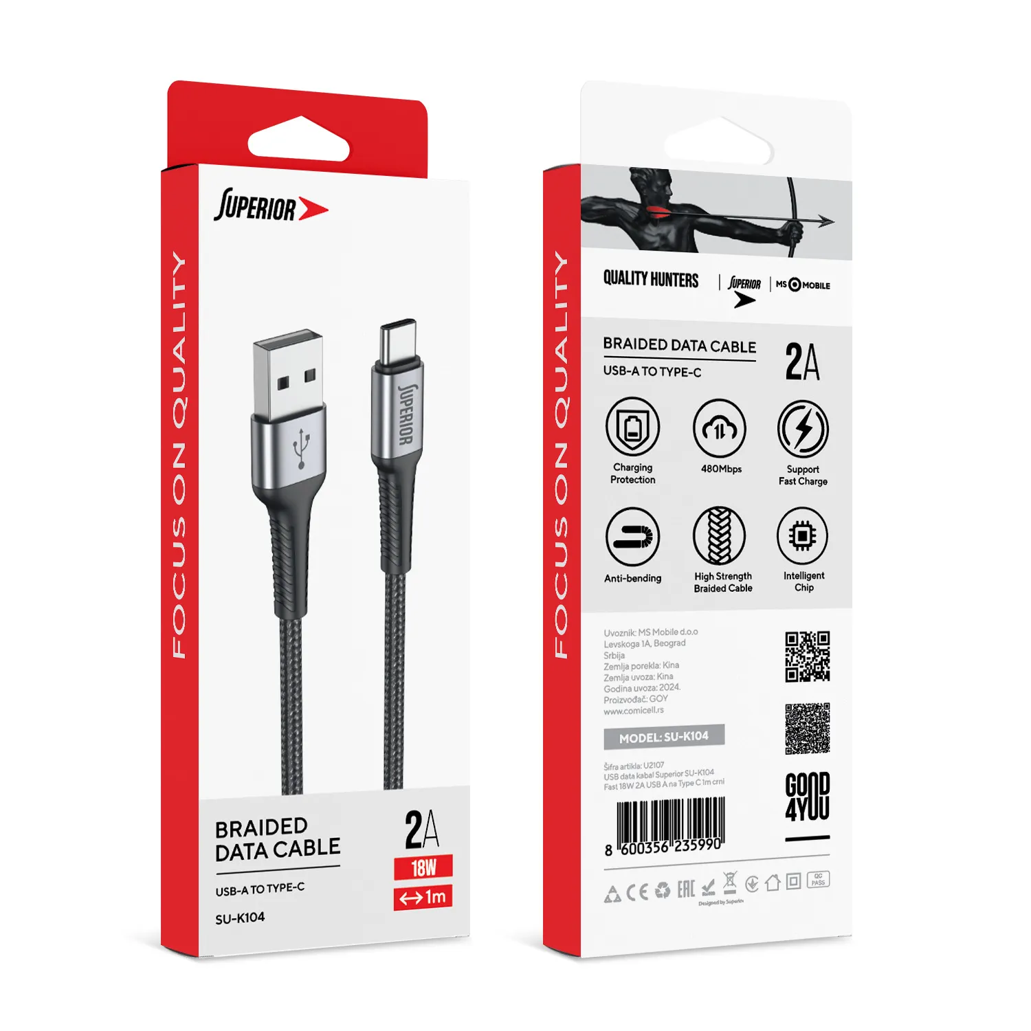 USB data kabal Superior SU-K104 Fast 18W 2A USB A na Type C 1m crni