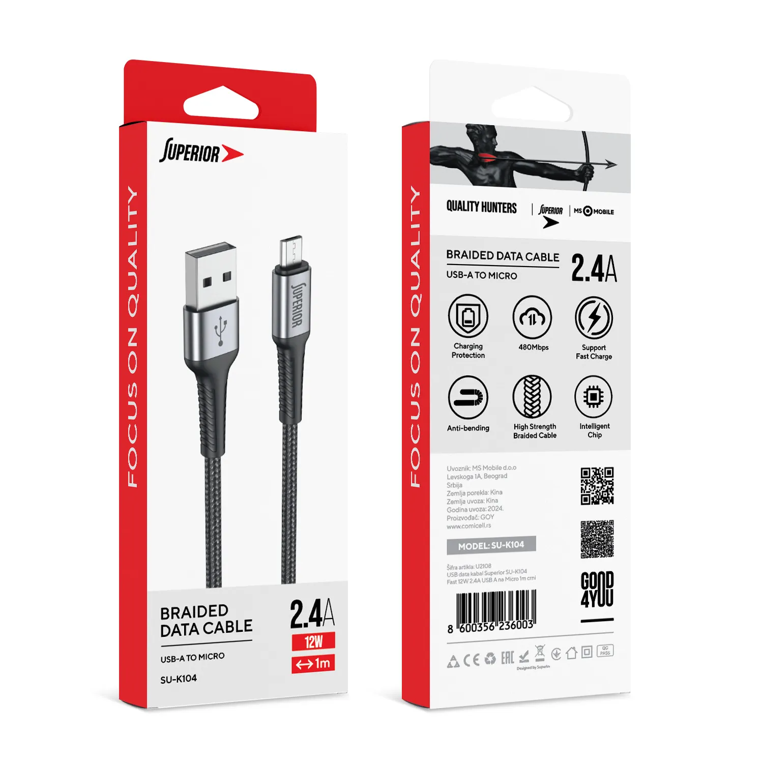 USB data kabal Superior SU-K104 Fast 12W 2.4A USB A na Micro 1m crni