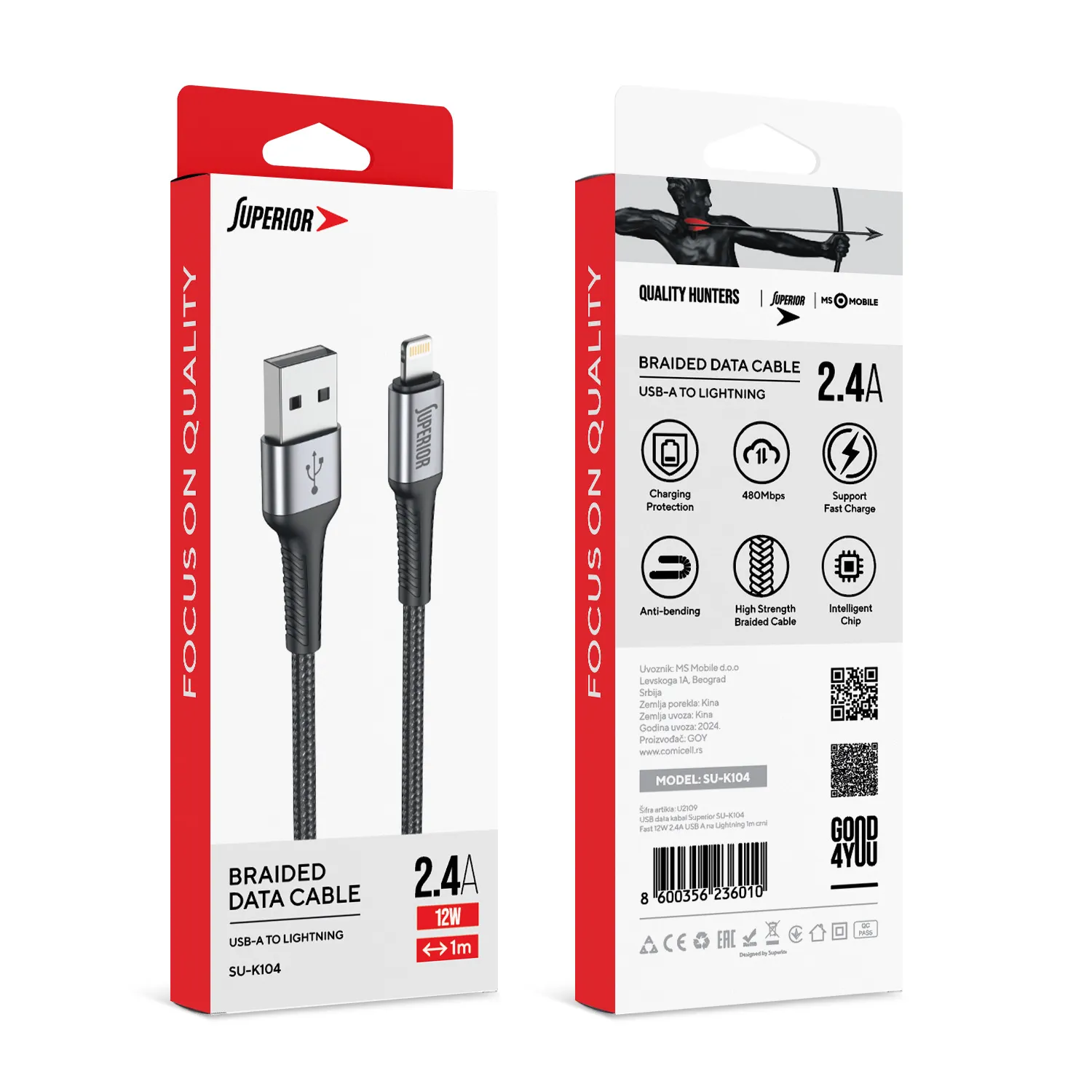 USB data kabal Superior SU-K104 Fast 12W 2.4A USB A na Lightning 1m crni