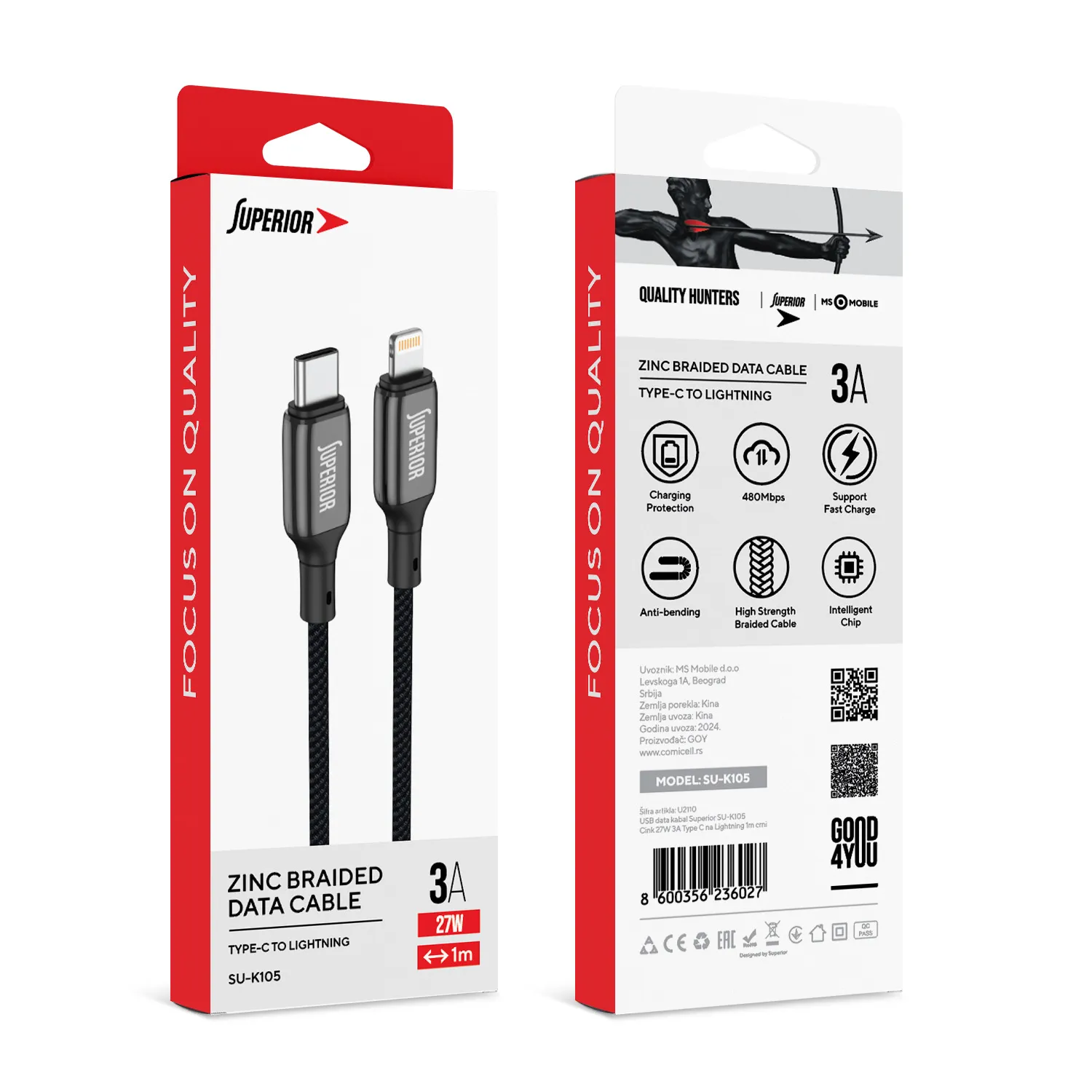 USB data kabal Superior SU-K105 Cink 27W 3A Type C na Lightning 1m crni